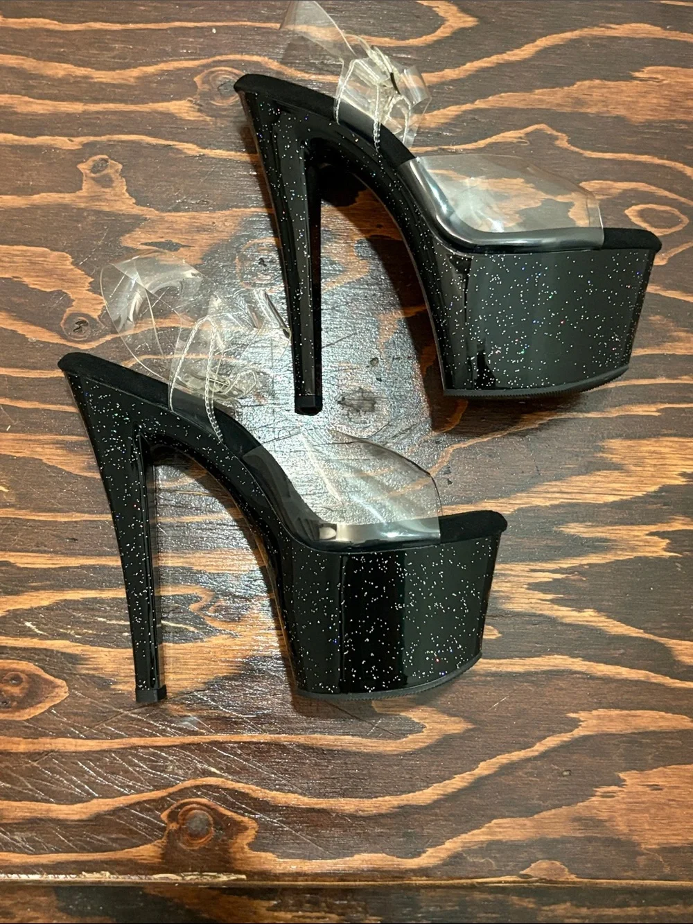 Pleasers 6.5” Clear Strap Black Glitter Platform Heels - Women
